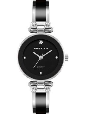 Women's Black Silver Analog Quartz Bracelet Genuine Diamond Dial Bangle Watch